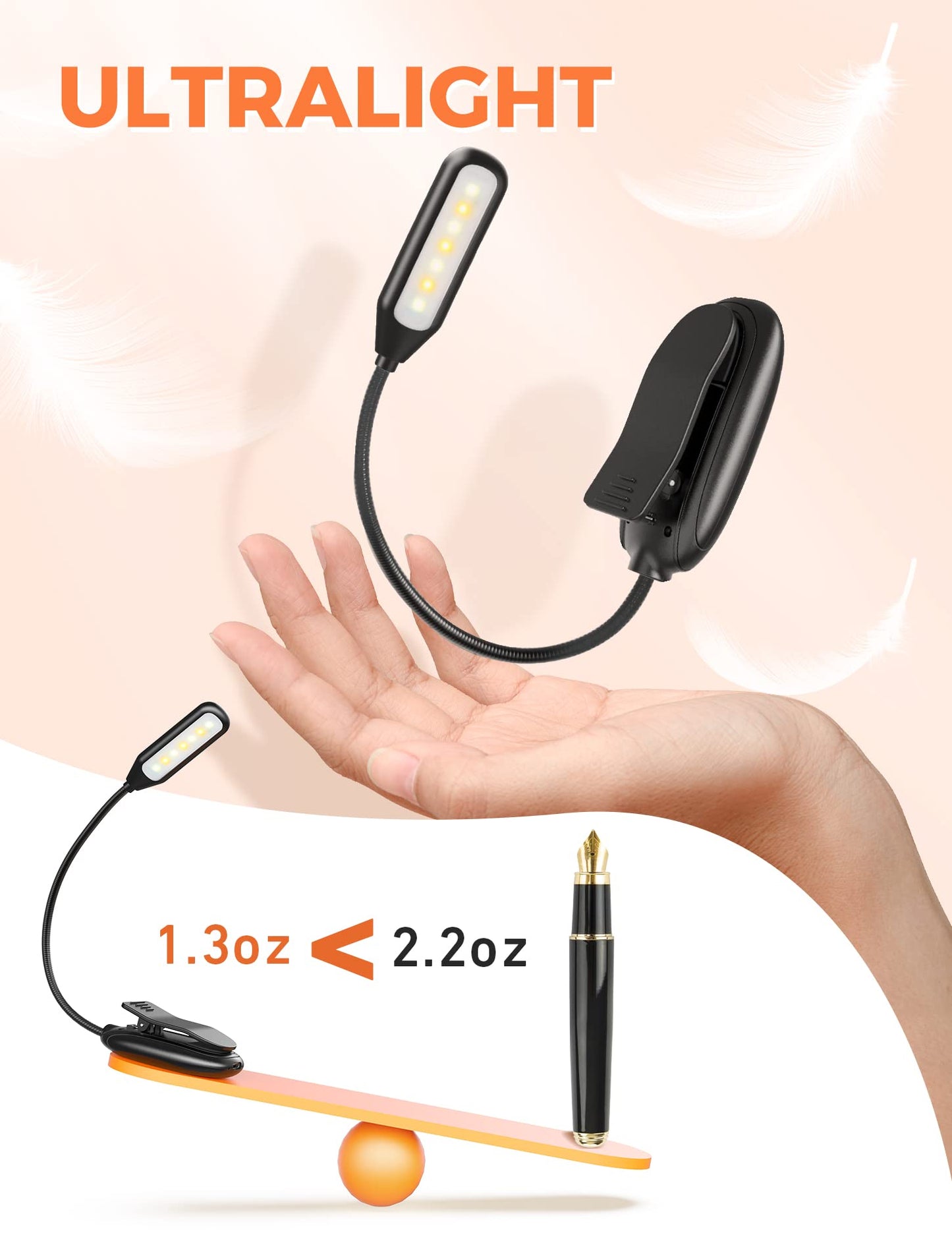 Monotremp LED Book Light, Rechargeable, 80 Hours Runtime, 3 Brightness Levels, 3 Color Temperatures, Model MT538, Lightweight 1.3 oz