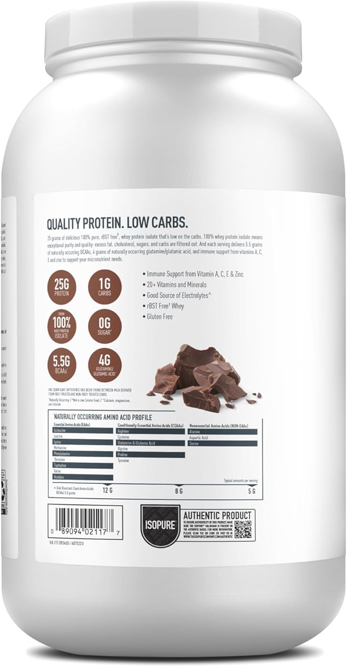 Isopure Low Carb 100% Pure Whey Isolate Protein Powder, Lactose Free, Gluten Free, With Vitamins, Dutch Chocolate, 25g Protein Per Serving, 3 Lbs, 41 Servings (Packaging May Vary)