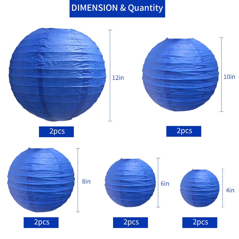 BEISHIDA Dark Blue Paper Lanterns - Decorative Hanging Asian Style for Parties, Weddings, and Home Decor - 10 Pack