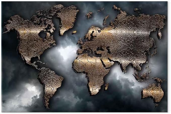 artgeist Canvas Wall Art World Map 24x16 in - 1pcs Home Decor Framed Stretched Picture Photo Painting Artwork Image - Abstract Continents Map World Map Sky k-A-0501-b-a