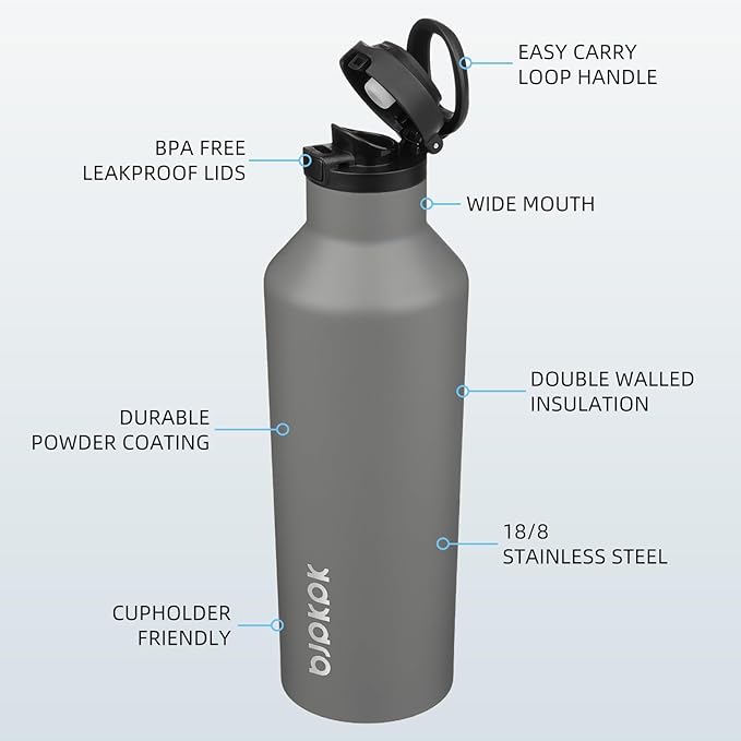 BJPKPK Insulated Water Bottle With Straw 25oz Stainless Steel Water Bottles With 2 Lids And Carry Handle Reusable Travel Metal Thermal Flask,Grey
