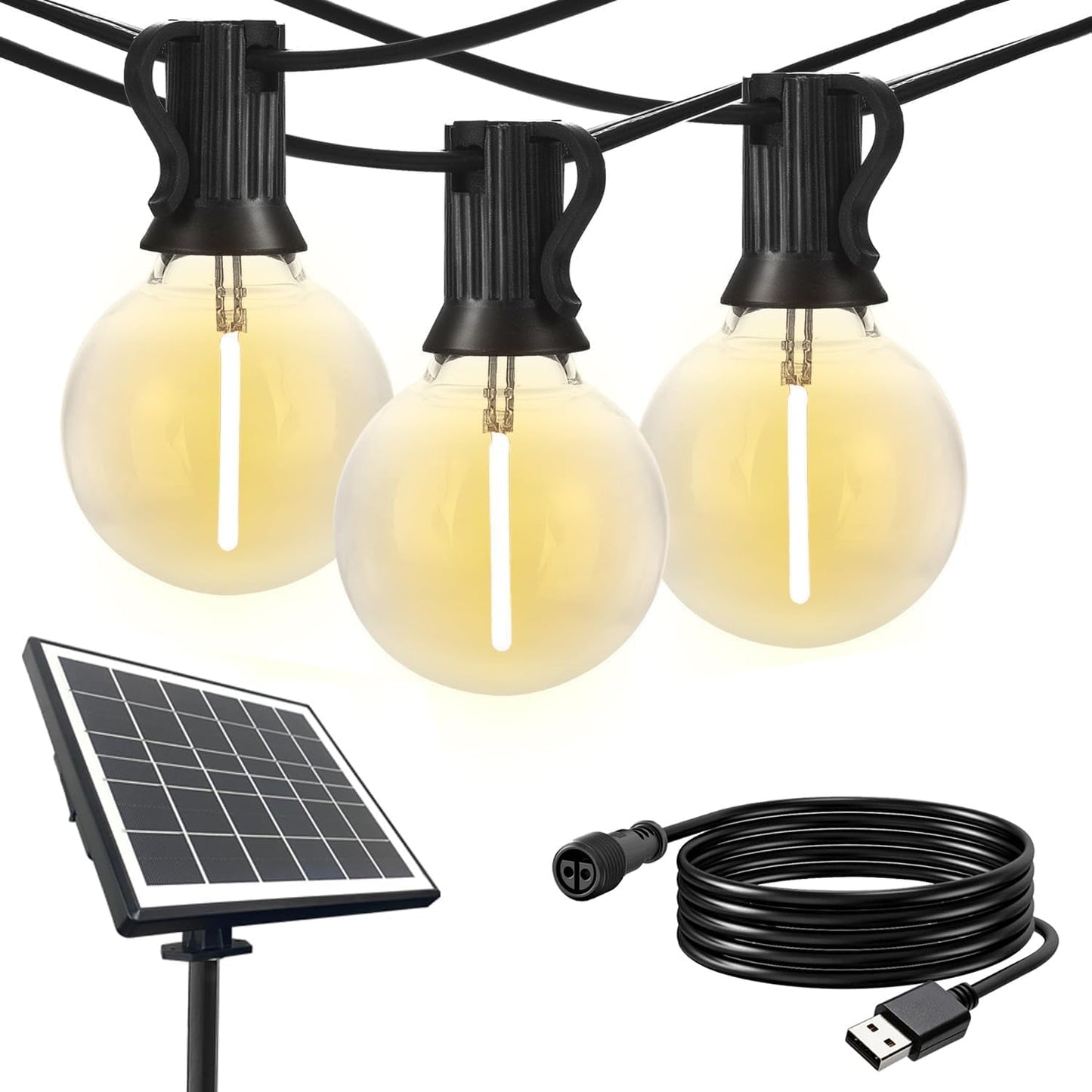 Sunthin Solar String Lights - 100Ft, 48 Shatterproof G40 Led Bulbs, Waterproof, Black, Model St257 For Outdoor Patio, Garden, Camping, Party
