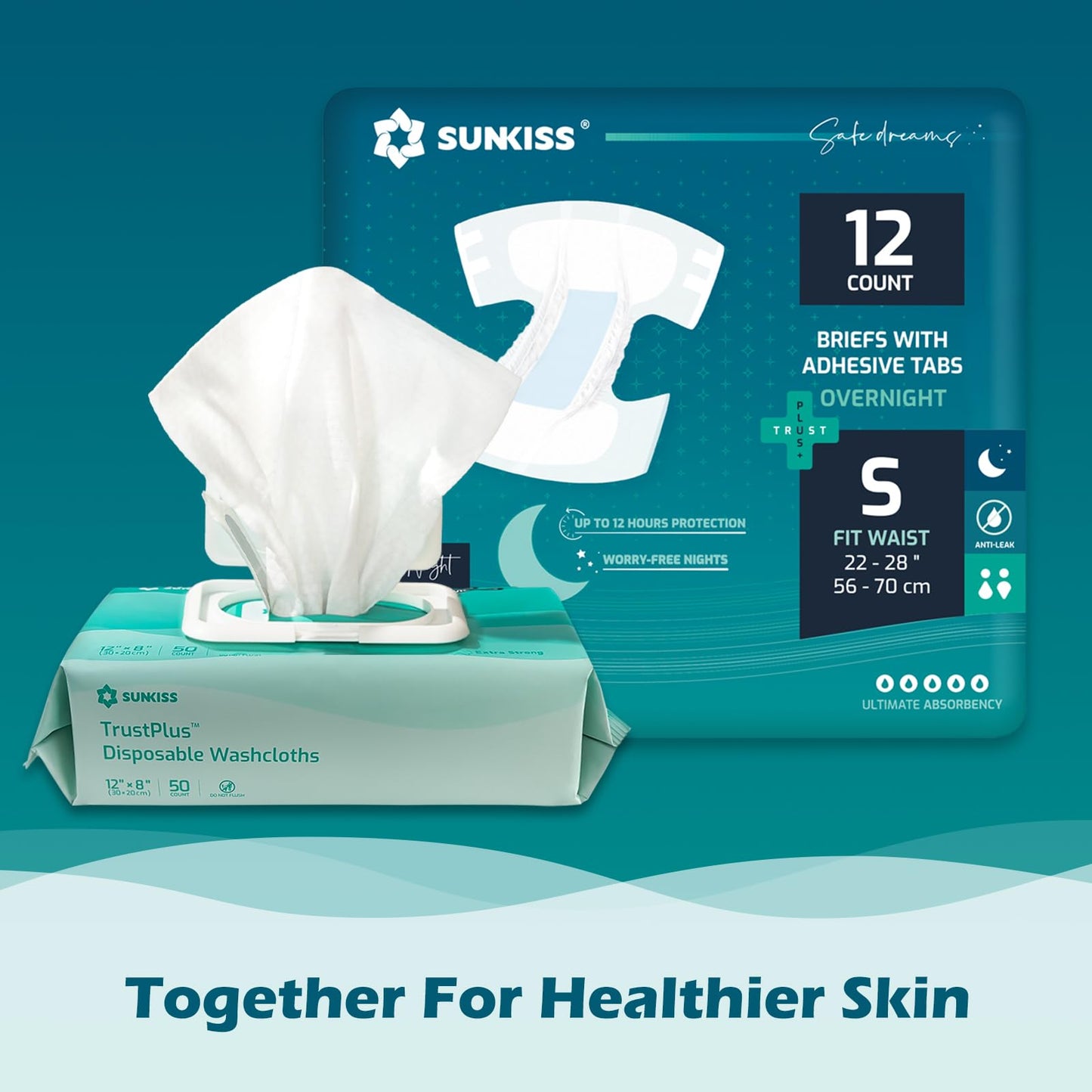 SUNKISS TrustPlus Overnight Adult Diapers with Tabs, Unisex Disposable Incontinence Briefs for Men and Women, Odor Control, Small, 12 Count