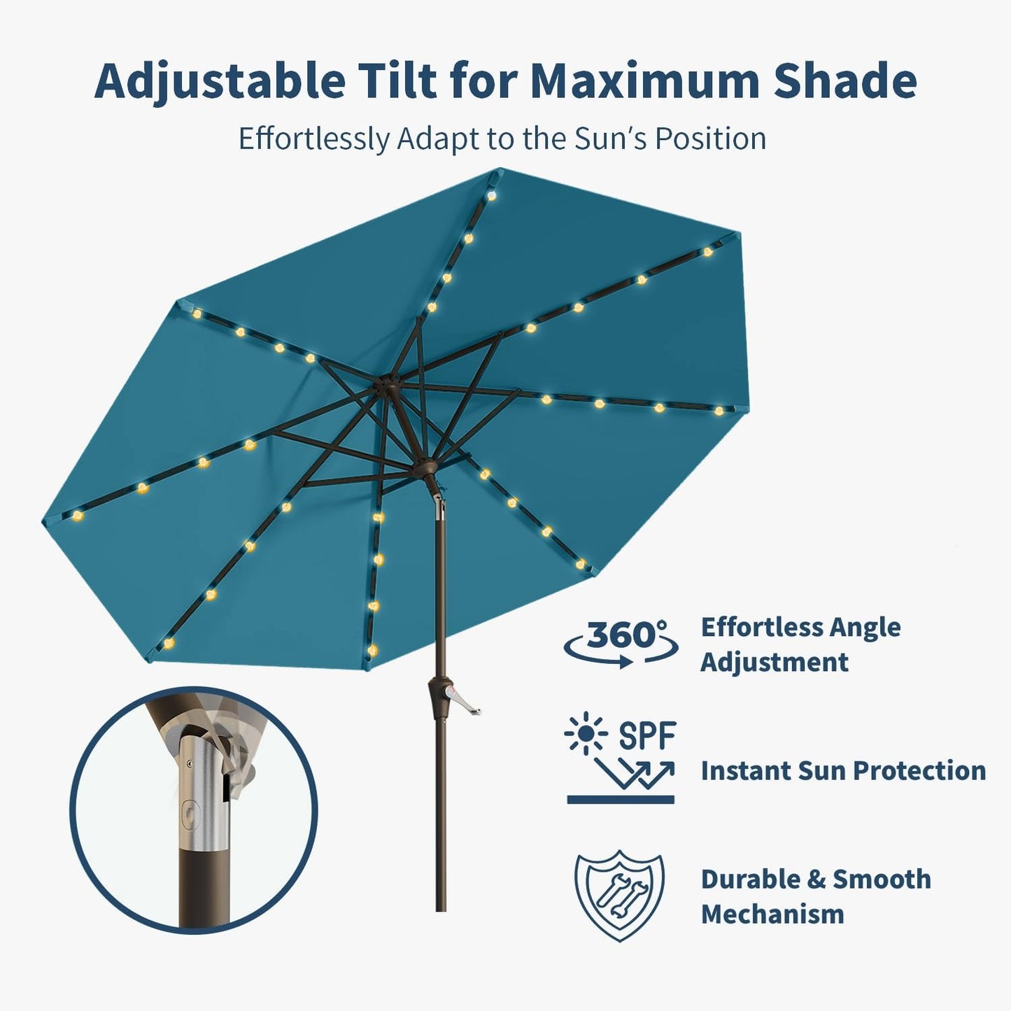 9FT Solar Umbrella 32 LED Lighted Patio Umbrella Table Market Umbrella w/Tilt and Crank, UV-Resistant Outdoor Umbrella for Pool, Garden, Deck, Lake Blue