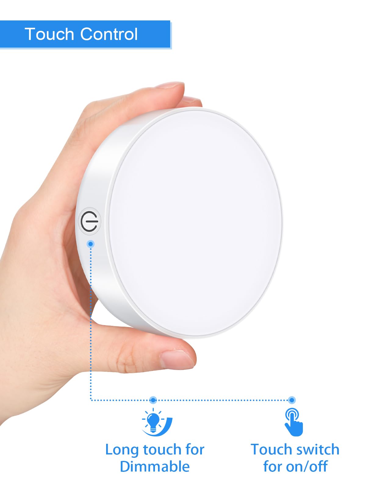 WILLED Dimmable Touch Lights, Battery Rechargeable LED Puck Lights, 3000K, White, Model WNL-A2, 2 Pack