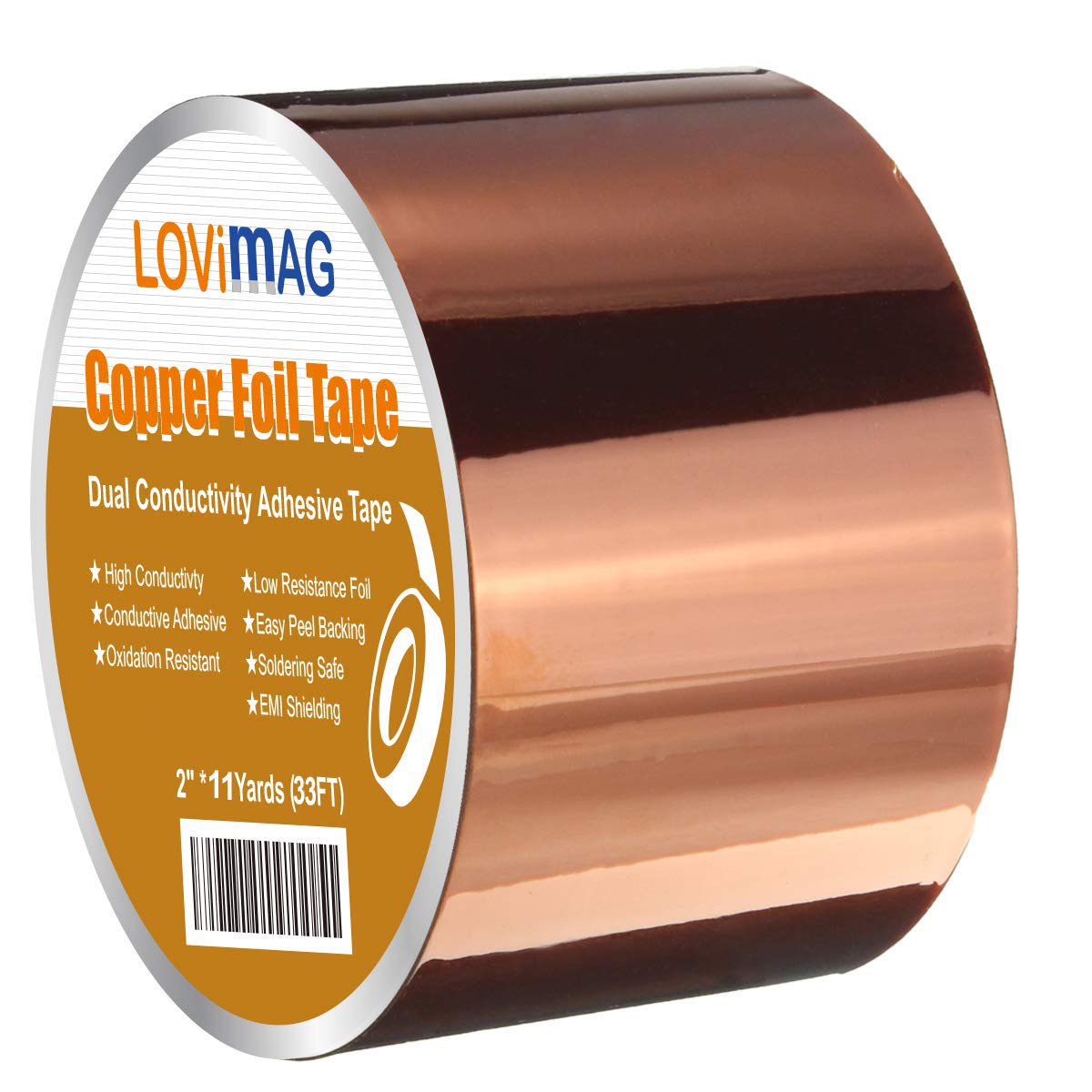 LOVIMAG Copper Tape, Copper Foil Tape (2inch X 33 FT) Metal Conductive Adhesive for Slugs Guitar and EMI Shielding, Crafts, Electrical Repairs, Grounding