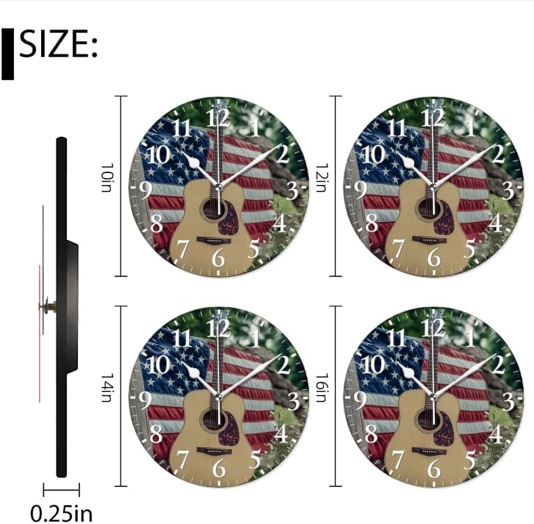 Guitar Wall Clock Non-Ticking Silent Clocks Battery Operated Analog Decor Clock for Home-Guitars Sitting On Fence with American Flag(16inch)