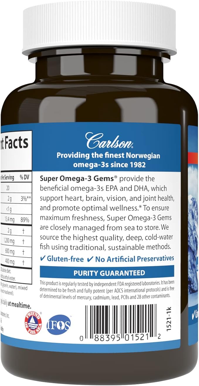 Carlson - Super Omega-3 Gems, 1200 mg Omega-3s, with EPA and DHA, Wild Caught Norwegian Fish Oil Supplement, Sustainably Sourced Fish Oil Capsules, Omega 3 Supplements, 100 Softgels
