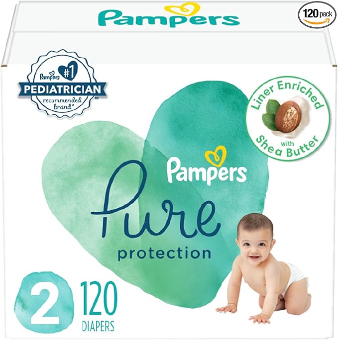 Pampers Baby Diapers - Pure Protection - Size 2, 120 Count, for up to 100% Leakproof, Premium Plant-based Skin Protection