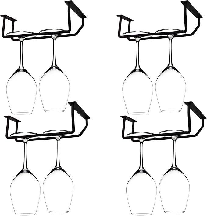 7 Inch Black Wine Glass Rack, Under Cabinet Stemware Holder, Hanging Stemware Holder for Cabinet Kitchen Bar, Set of 4