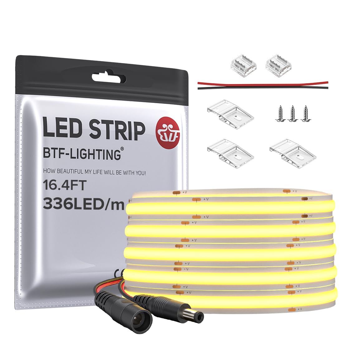 BTF-LIGHTING LED Strip Light 8W/m Dimmable 16.4FT DC24V Natural White 4000K Model F0B5M24V504LNWW30