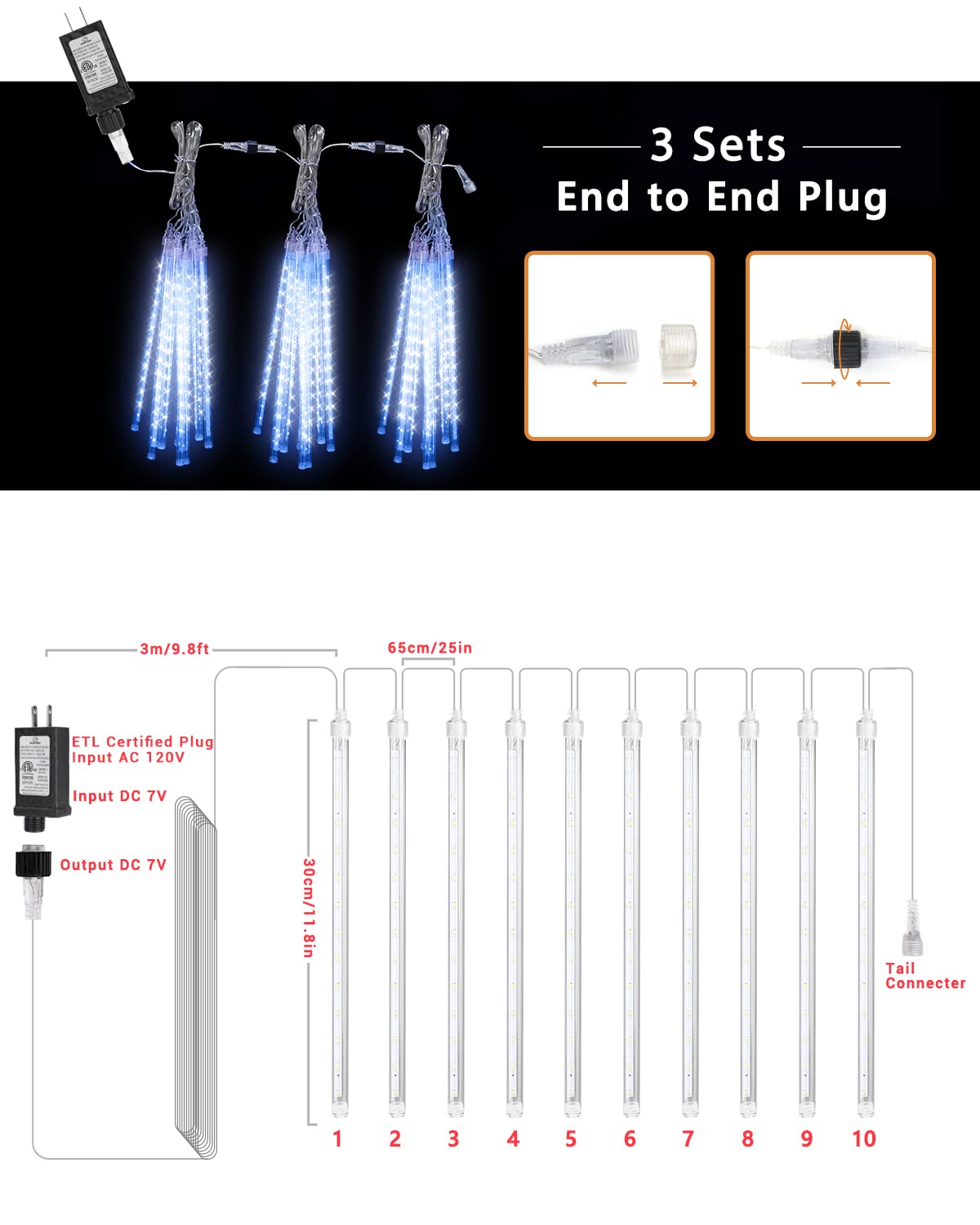 Flacchi LED Raindrop Lights, 10 Tubes, Blue, Meteor Shower Icicle Lights with Timer Function, Model GP-SW070DC0514T-IP44(US)