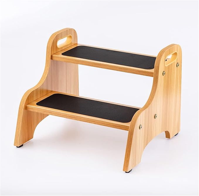 StrongTek Wooden 2 Step Stools for Kids, Safe Non-Slip Surface with Handles, 350 lbs Capacity, Portable Toddler Stepping Stool for Bathroom Kitchen and Bedroom (Natural)