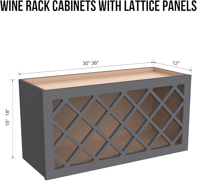 Solid Wood RTA Wine Bottle Rack Wall Cabinet with Lattice Panels - Wine Storage for Bar, Pantry, Cellar & Countertop - Mocha (Pebble Gray, 36'W 12'D 15'H)