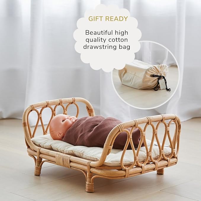 BEBE BASK Small Premium Rattan Baby Doll Bed 17 x 10 x 7,5 in –Handcrafted & Award-Winning - Perfect First Wooden Doll Bed - Luxe Mattress (Small)