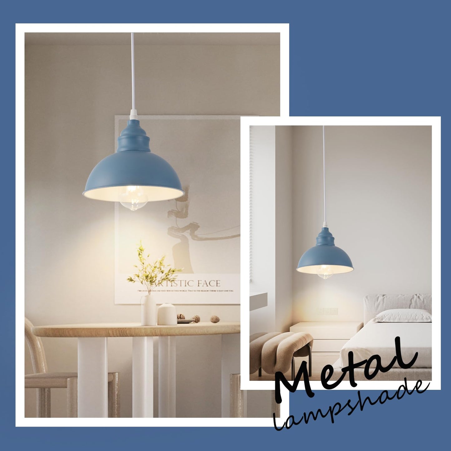 SoodMi Plug-in Pendant Light, Industrial Metal Hanging Lamp with On/Off Switch, 15FT Cord, Blue, Model PDL-012