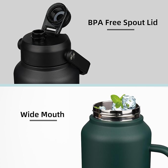 BJPKPK 87oz Insulated Water Bottle with Handle, Large Dishwasher Safe 2/3 Gallon Water Bottle, BPA Free Water Jug, Wide Mouth Metal Flasks with Anti-slip Bottom, Army Green & Black