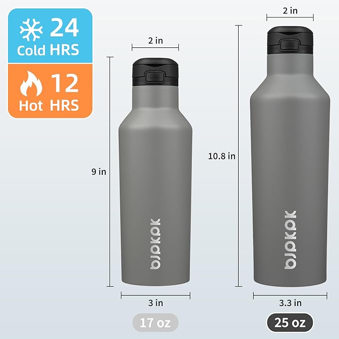 BJPKPK Insulated Water Bottle With Straw 25oz Stainless Steel Water Bottles With 2 Lids And Carry Handle Reusable Travel Metal Thermal Flask,Grey