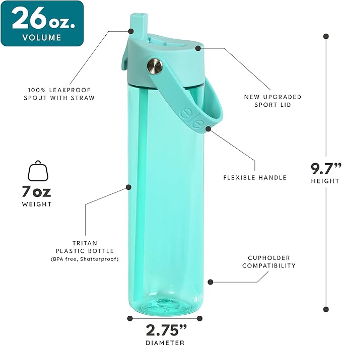 Elemental Splash Water Bottle with Straw - BPA-Free Tritan Plastic Reusable Water Bottle with Strap - Ideal for Travel, Gym and Sports - Leak Proof when Spout is Closed - 26oz - Robin's Egg
