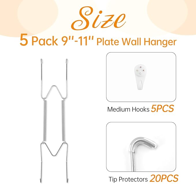 5 Pack Plate Hangers for The Wall, Suitable for 9-11 inch Art Plate, Stainless Steel Invisible Heavy Duty Wire Plate Holder with Wall Hooks, Plate Hangers for Displaying Plates, Platter, Dish, Silver