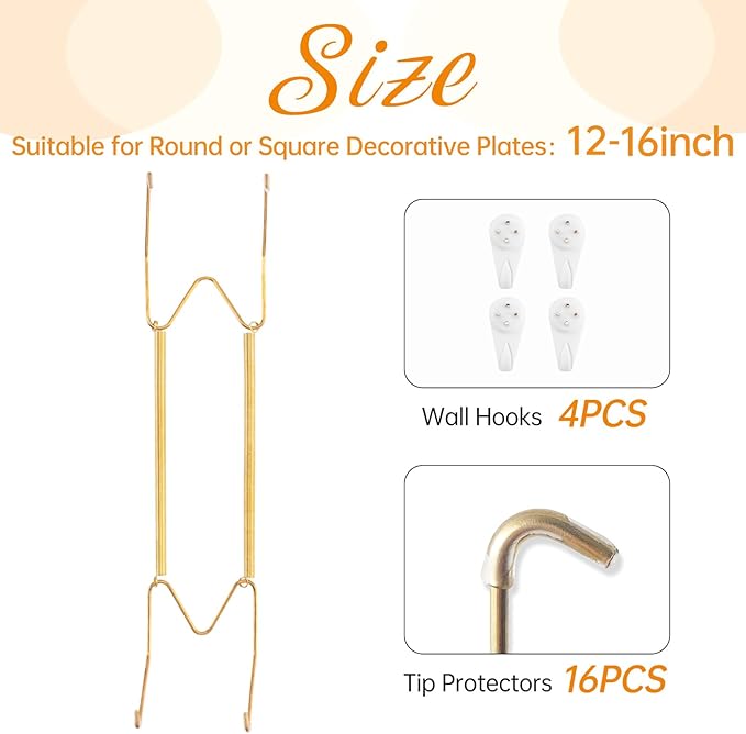 4 Pack Plate Hangers for The Wall, Suitable for 12-16 inch Art Plate, Stainless Steel Invisible Heavy Duty Wire Plate Holder with Wall Hooks, Plate Hangers for Displaying Plates, Platter, Dish, Gold