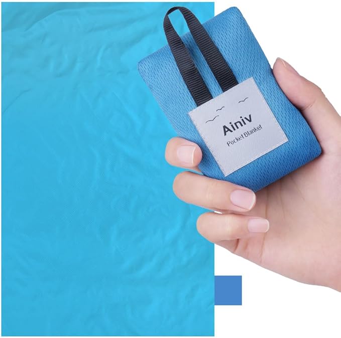 Picnic Blanket, Mini Pocket Beach Mat 27.5 x 43.3IN (1-2 People) Foldable, Lightweight Waterproof Sand Free, Foldable Thin Ground Sheet for Outdoor Camping Hiking Travel - with Hand Strap