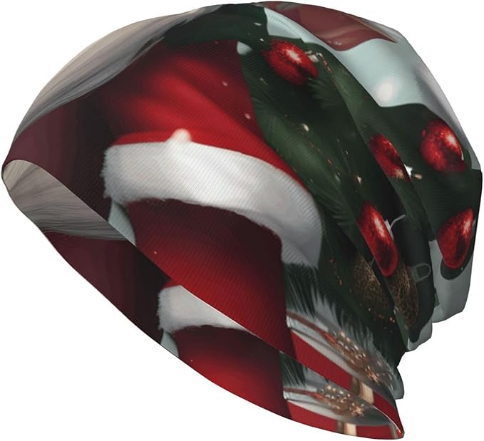 Christmas Traditional Gnome Print Beanie Hat for Men and Women Stretchy Slouchy Winter Warm Cap Headwear Accessory Black