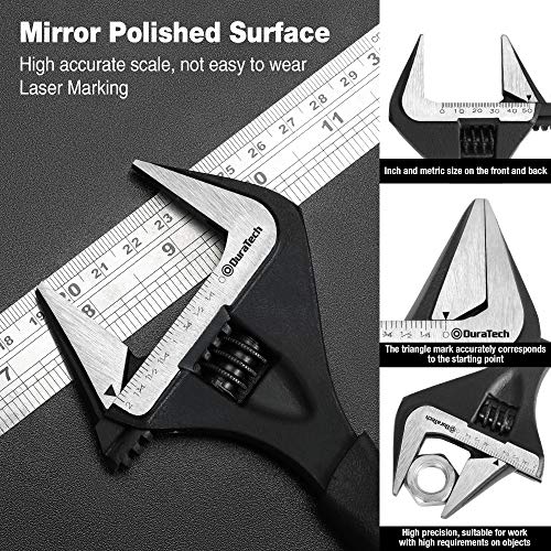DURATECH 10-Inch Adjustable Wrench, Wide Jaw Opening Black Oxide Finish Plumbing Wrench, CR-V Steel, SAE and Metric Scale ...