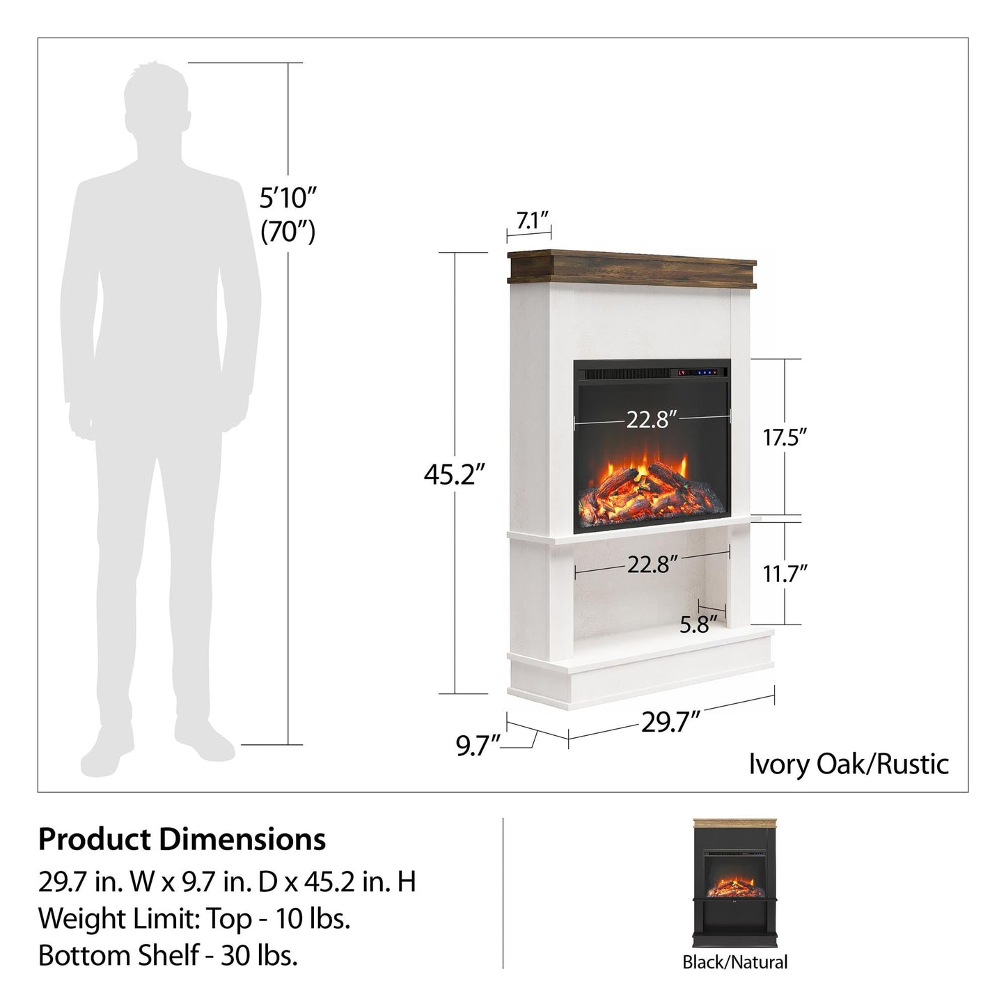 Ameriwood Home Mateo 30" Electric Fireplace, Black, Engineered Wood, Freestanding, Remote Control, Realistic Log & Flame Effect, Model 1081501COM