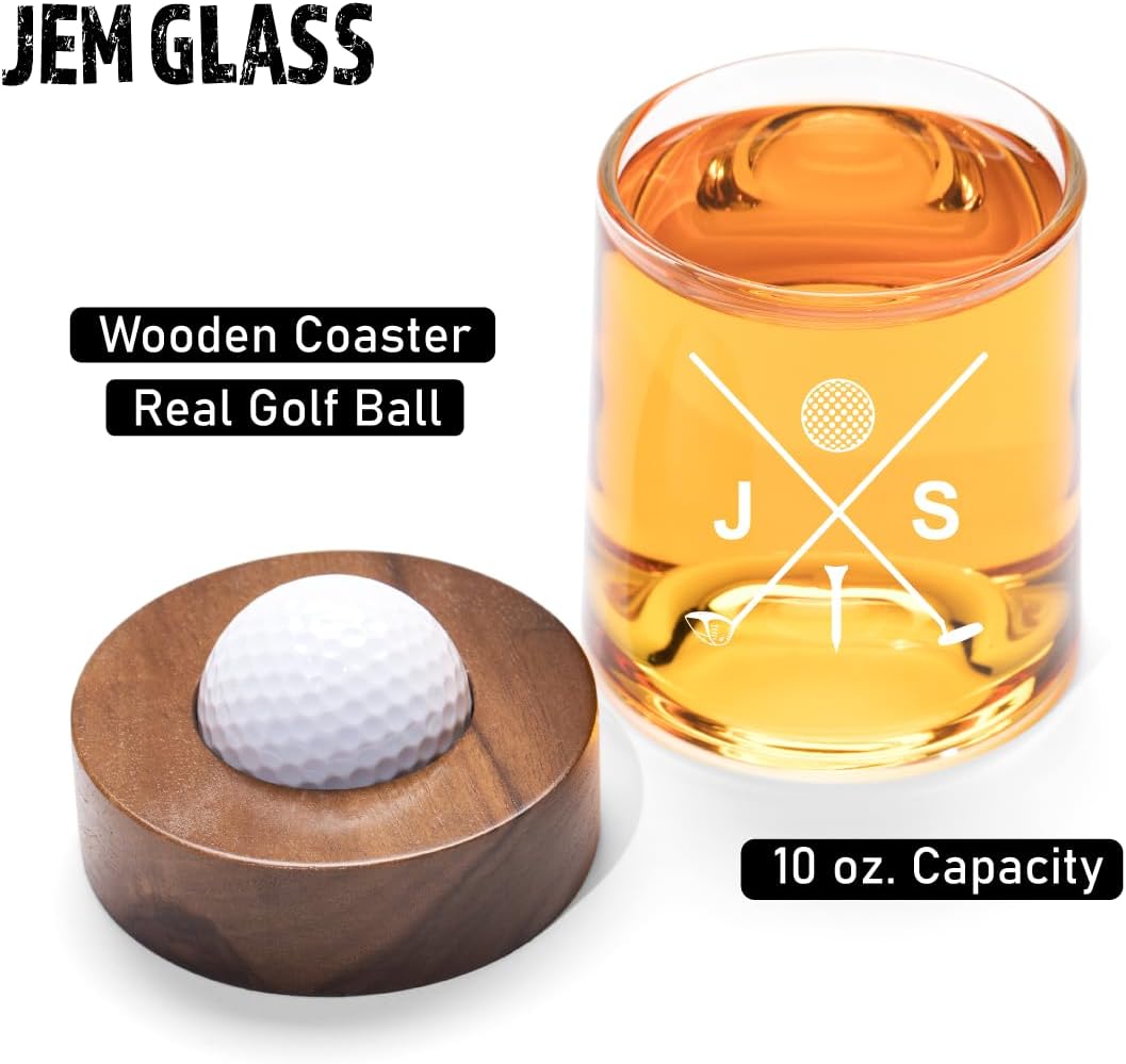 Personalized golf ball coaster and whiskey glasses and whiskey glasses: Golf accessories for men and women golfers; Cool holiday basket (1 Glass, Personalized)