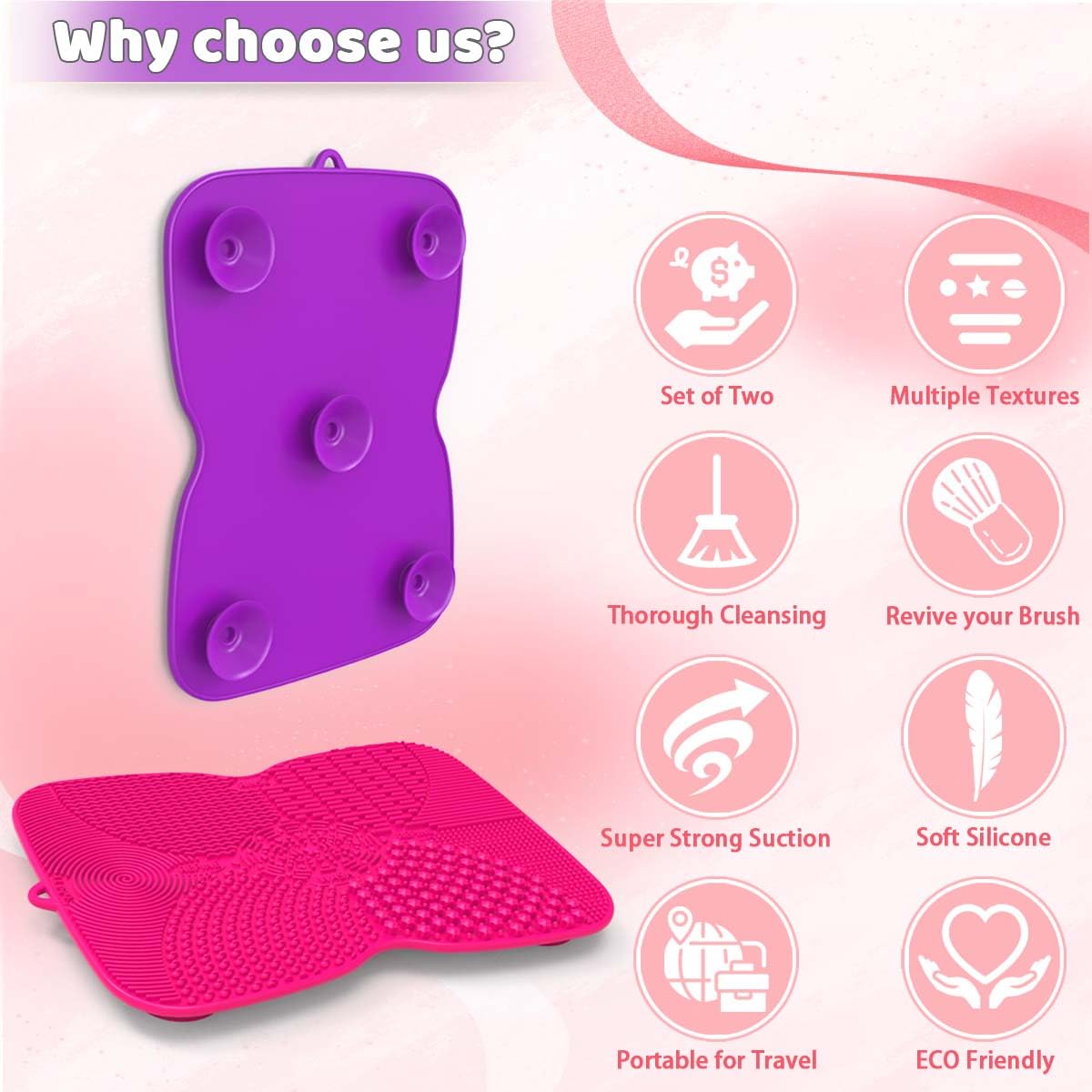 2 Pack Silicone Makeup Brush Cleaner Pad with Suction Cup, 8 Textures, Stable, YalsFTY Makeup Brush Cleaning Mat with Suction Cu