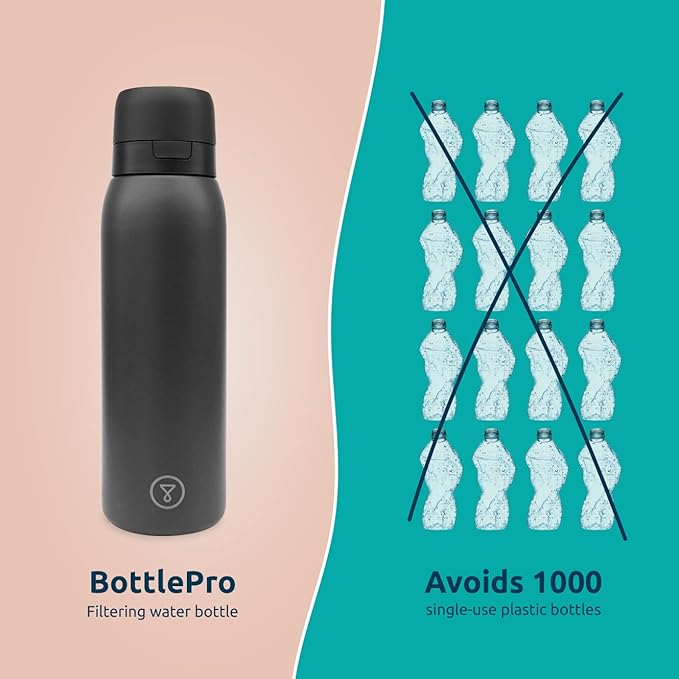 Marley Designed Bottle Pro Reusable Water Bottle with Filter, 80+ contaminants Filtered, BPA Free, Sustainable Refills, 750ml, Filter Bottle + 1 Refill Included