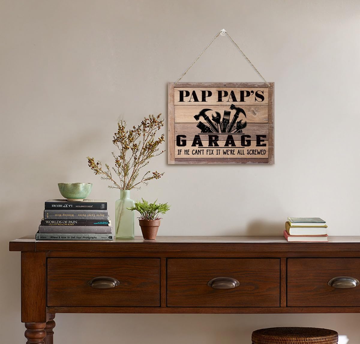 Rustic Sign, Father's Day Gift, Dad's Gift, Grandpa's Gift, Decor Hanging Wood Signs, Printed Wood Wall Art Sign, Pap Pap's Garage, If He Can't Fix It We're All Screwed, Vintage Sign Gift for Grandpa