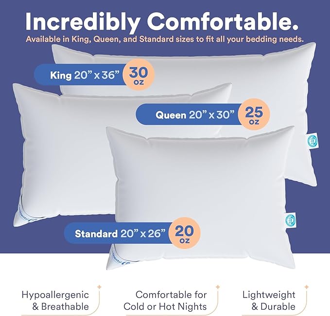 Continental Bedding Medium Queen Pack of 1 White Down Pillows 25 Ounce 550FP Hotel Down Pillows for Supporting Back Side and Stomach Sleepers