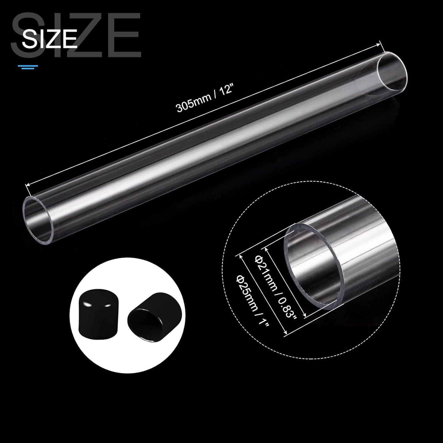 PATIKIL Clear Rigid Tube Round Plastic Tubing with Black Rubber Caps Polycarbonate Water Pipe, 305mm/ 12 Inch Length, 21mmx25mm/0.83"x1", 2 Set