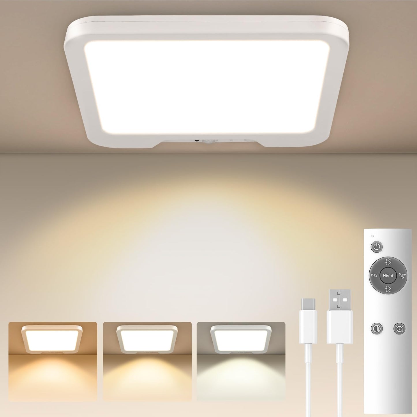 Usb C Rechargeable Motion Sensor Ceiling Light 550Lm With Remote  3000K 4000K 6000K Magnetic No Wiring Led Ceiling Light Battery Powered For Shower Stairs Hallway Porch Pantry Garage Patio Shed