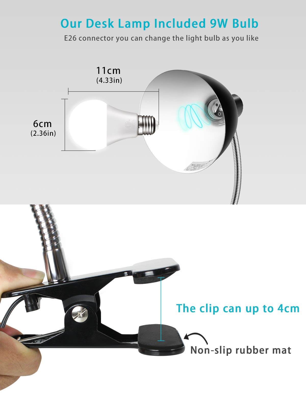 LALISU Desk Lamp Eye-Caring Gooseneck Clip Light, Portable Reading Lamp, Black, Model LALISULALITB004