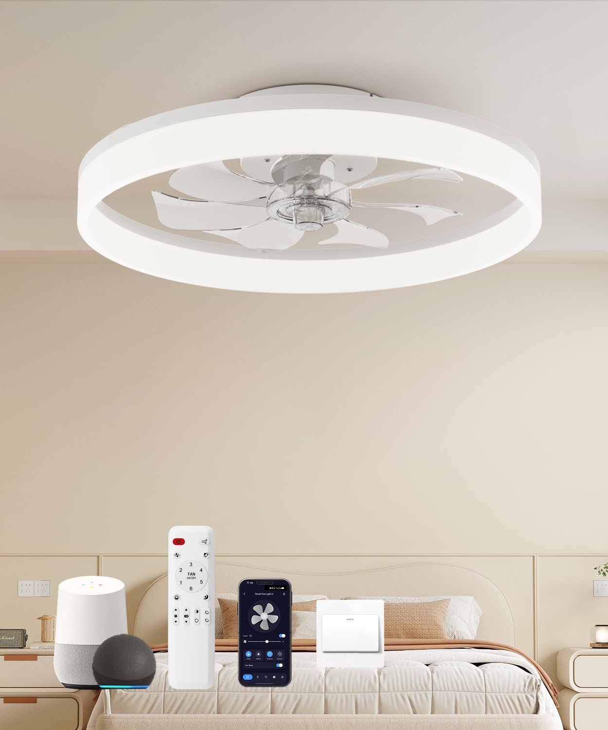AQUBT Smart Ceiling Fan with Light, 20in  Low Profile, 6-Speed, Dimmable LED, White, Model 1138-Wwifi