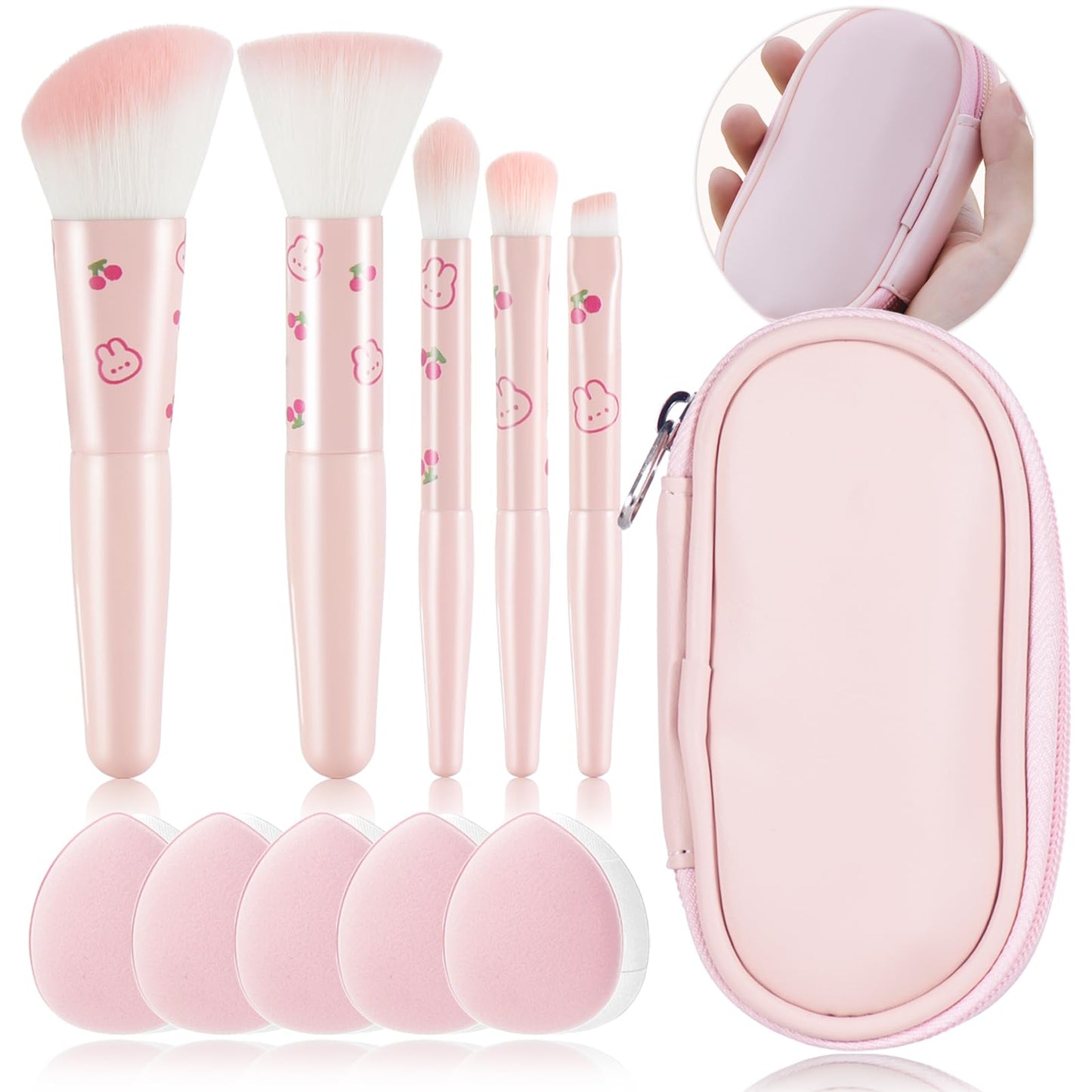 5Pcs Pink Printed Travel Makeup Brushes With Bag and 5Pcs Finger Puff Cosmetic Tool Kit Soft synthetic Fiber for Foundation, Pow