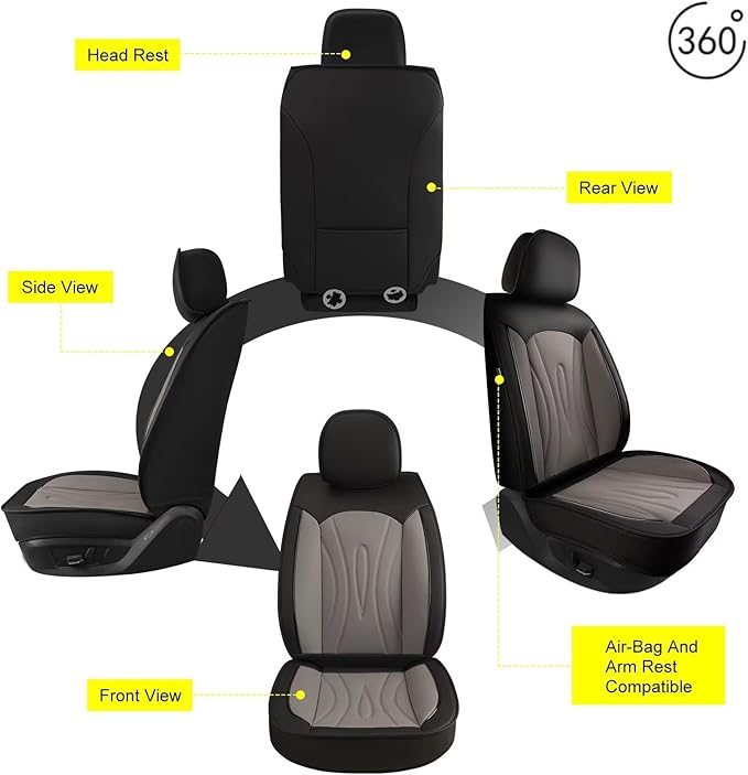 Car Seat Covers Fit for Hyundai Veracruz 2007-2012: Faux Leather Front Seat Covers Waterproof Auto Seat Protector with Compatible Airbag(2 Seats, Black&Grey)