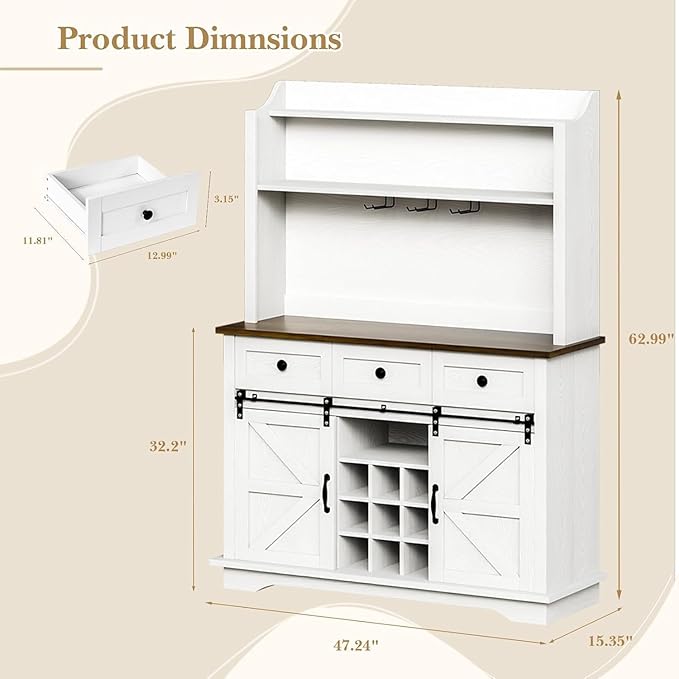63 Inch Tall Coffee Bar Cabinet with 3-Tier, Kitchen Hutch with 3 Large Drawers, Farmhouse Coffee Bar with 9 Wine Racks & 3 Glass Holders, Wine Storage Cabinet for Living Dining Room, White