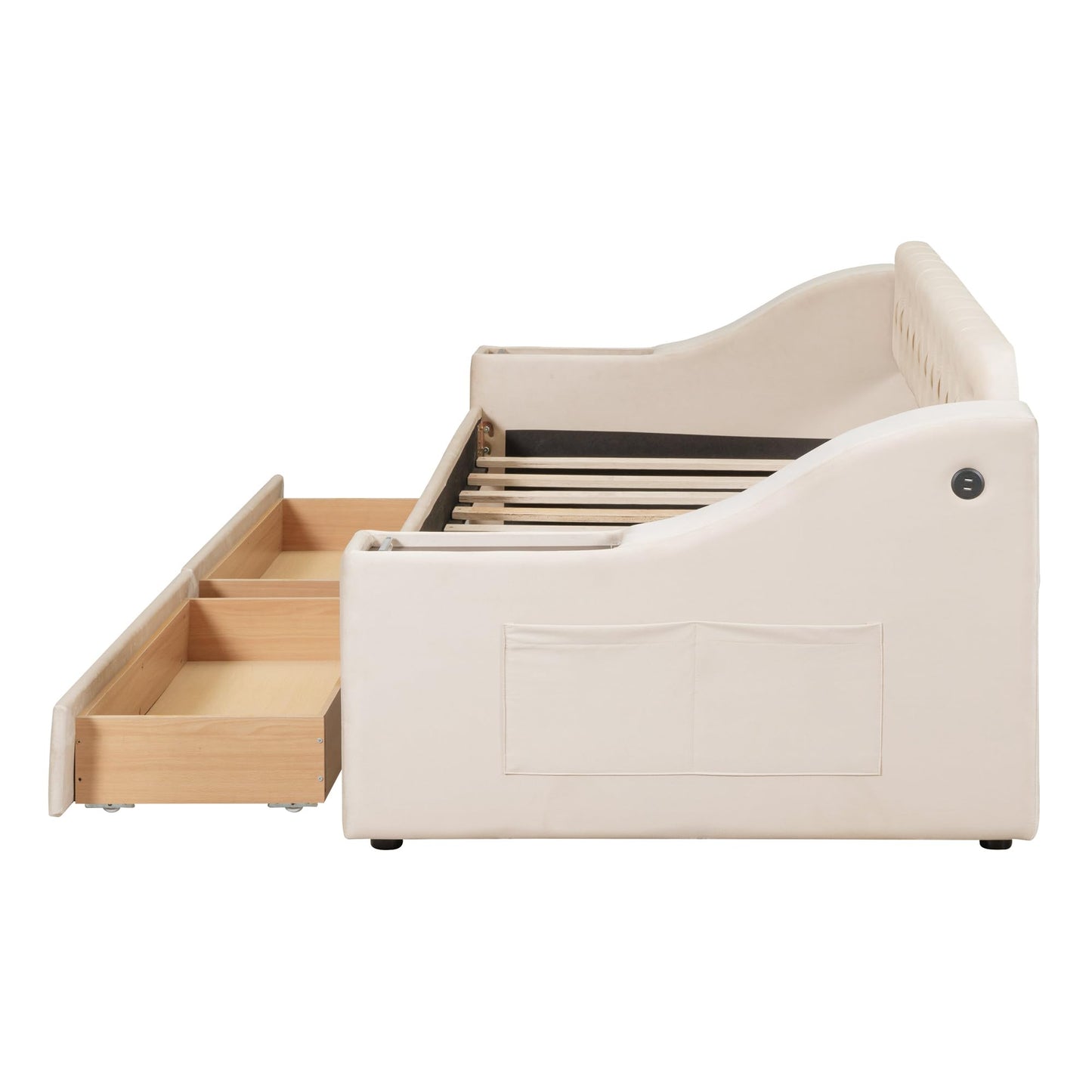 Brisca Twin Size Upholstered Daybed with Storage Armrests and USB Port,Bed Frame W/ 2 Drawers & Wood Slats Support,for Bedroom,Apartment,Guest Room,Beige