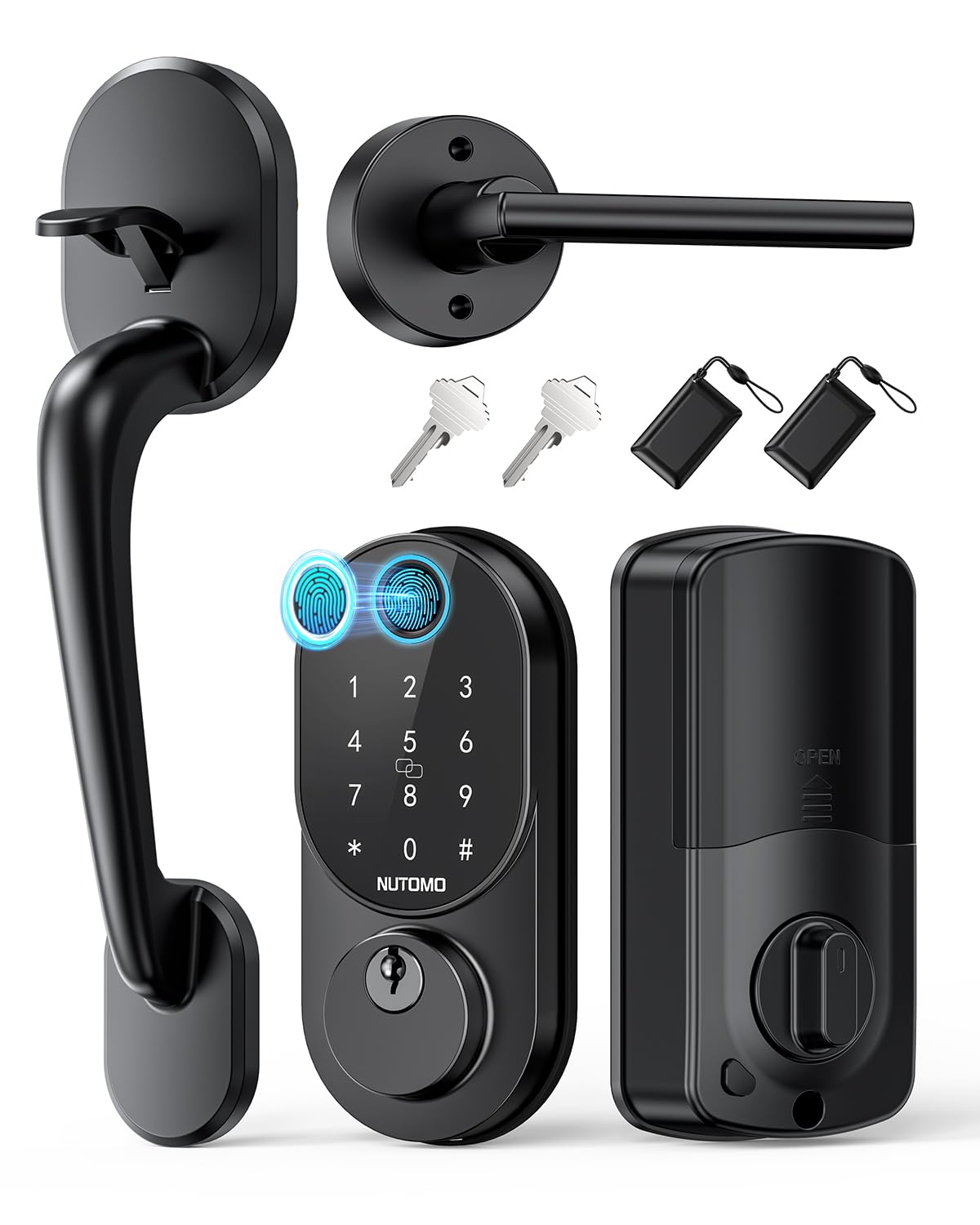 Smart Locks for Front Door: NUTOMO Keyless Entry Door Lock Deadbolt with Handle Set，Fingerprint doorlock Set,Electronic Digital Keypad Lock with Handle, Easy intall Code Auto Lock for Home Black