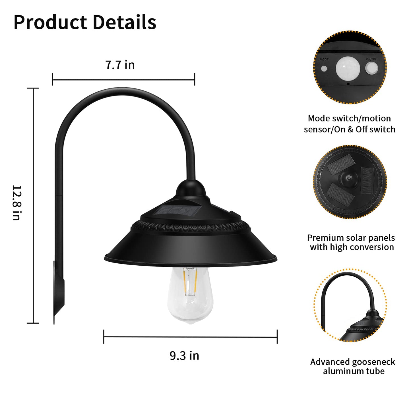 Ufelizor Solar Barn Light 2 Pack, Outdoor Retro Sconce, 3 Lighting Modes, Motion Sensor, Waterproof, Black, Model UF001