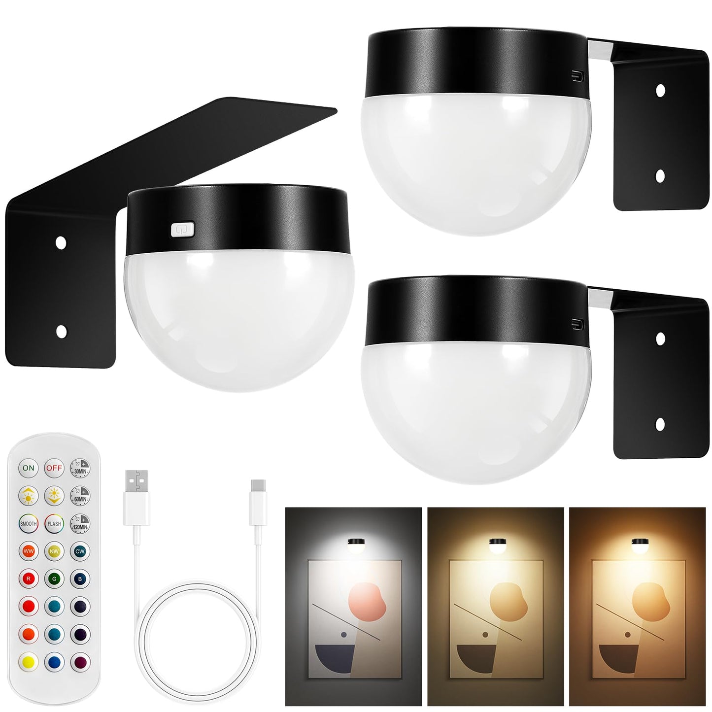 Arixinks 3-Pack Picture Light with Remote Control, Dimmable 300 Lumens, Rechargeable, Plastic, Bulb Color