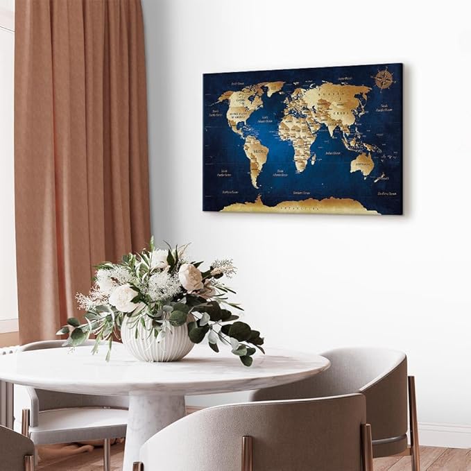 artgeist Canvas Wall Art Print World Map 35x24 in - 1pcs Home Decor Framed Stretched Picture Photo Painting Artwork Image World Travel Map k-A-0107-b-a