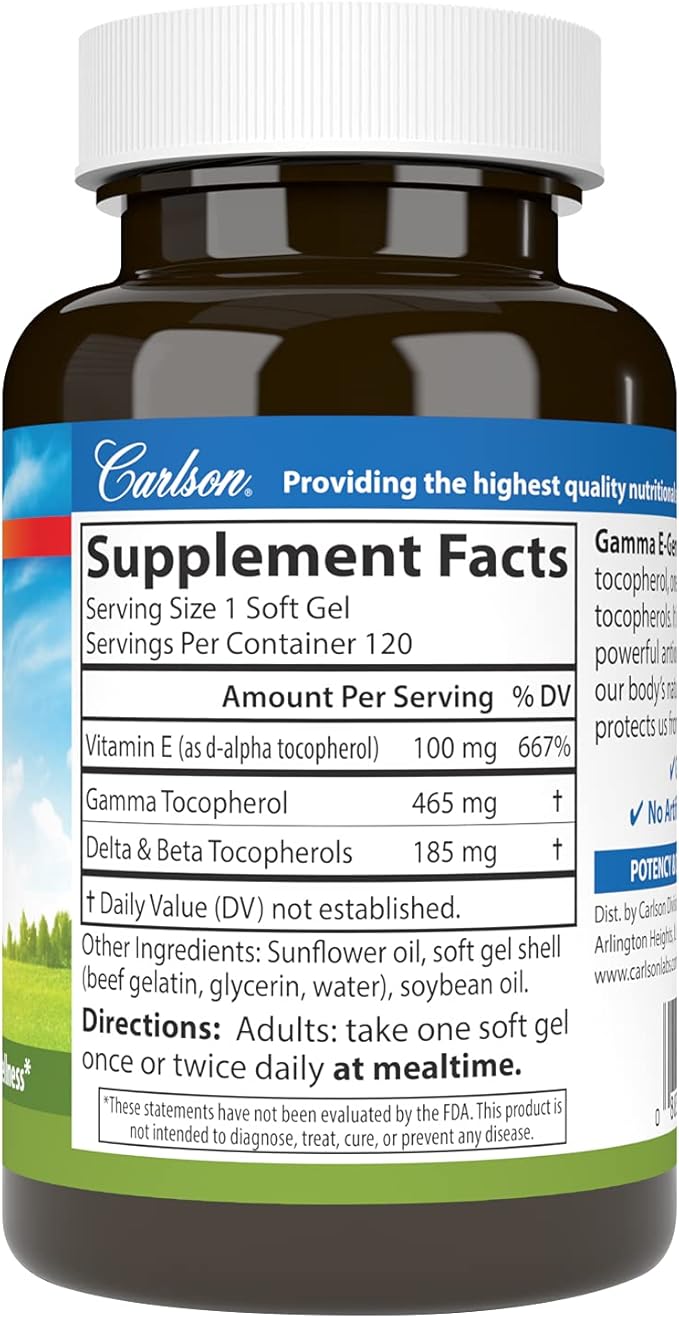 Carlson - Gamma E-Gems, 465 mg, Gamma Tocopherol, Vitamin E Tocopherol, Optimal Wellness, 120 Softgels