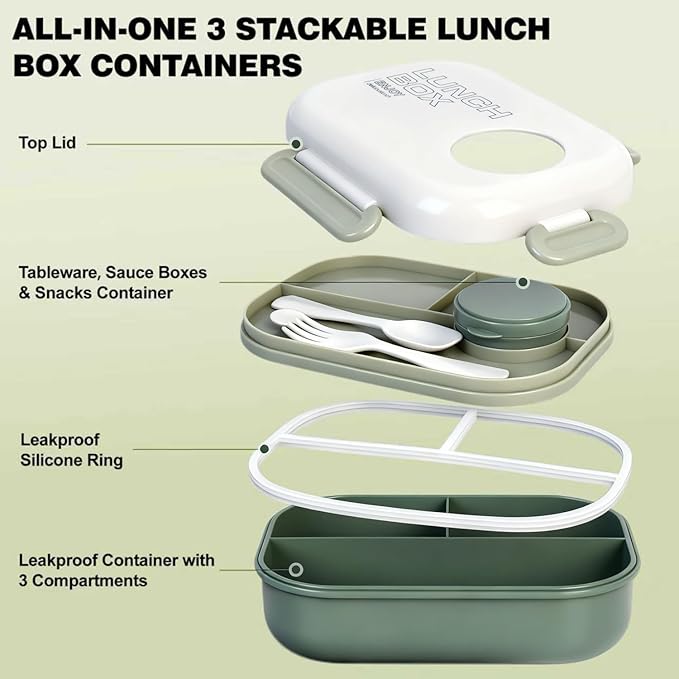 Lunch Box for Women & Adults - Kid-Friendly 37.2oz 3-Compartment Bento Box with Thick Insulated Lunch Bag, Leak-Proof with Sauce Container, Built-in Utensil Set, Dishwasher Safe (Green)