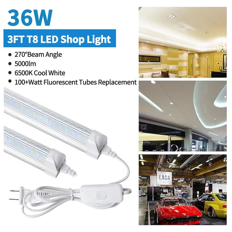 Aqiquut 3Ft Lights 36W 6500K 5000Lm Daylight Foot Led Shop Lights 110V Linkable Clear Cover Integrated V-Shape For Shop Garage Warehouse Workshop Commercial Bay Lighting(2-Pack)
