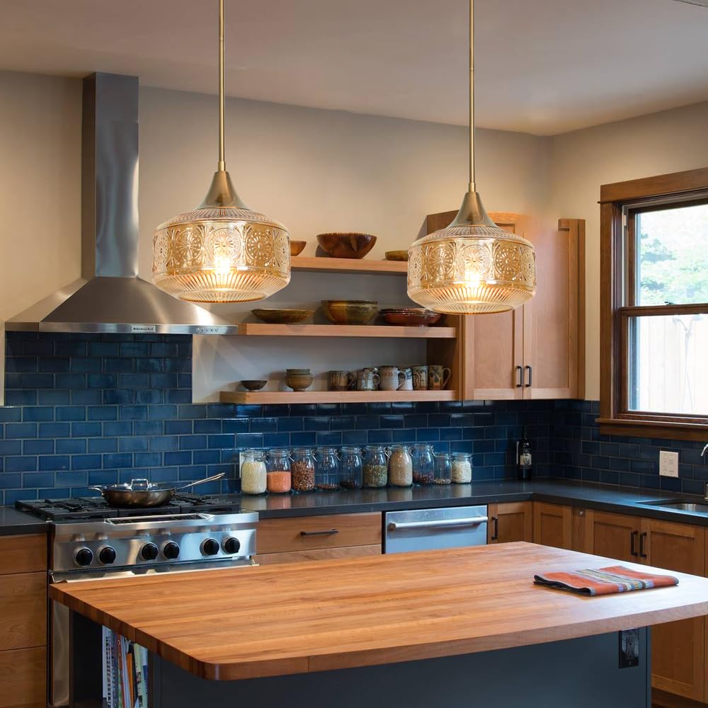 Retro Gold Pendant Lights Kitchen Island Lighting Fixture  Glass Pendant Light Large Brass With Large Thickened Amber Glass Shade  Classic Globe Pendant Light. Adjustable Hanging Light For Home Decor